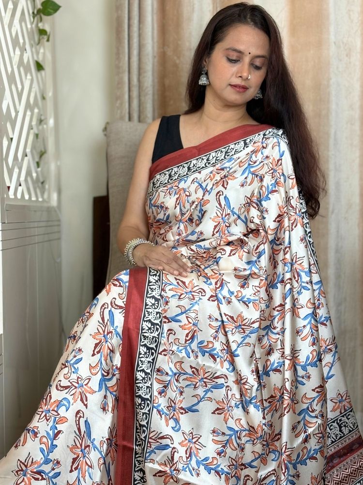 Crimson Heritage – Red Striped Modal Silk Saree with Ajrakh Hand Block Print